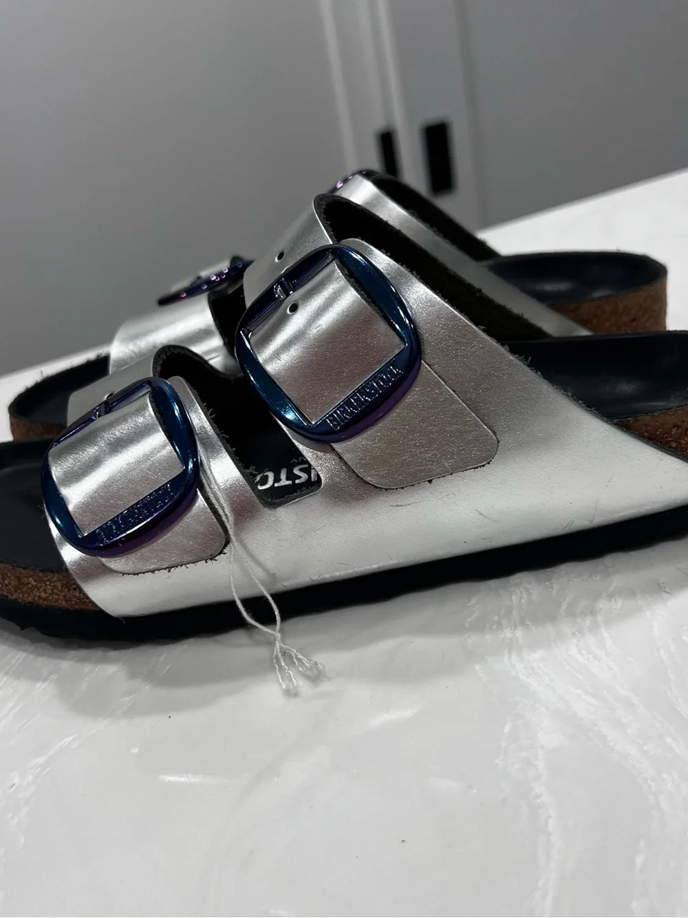 Birkenstock Arizona Big Buckle Slide Sandals Silver Metallic Leather Women's 37